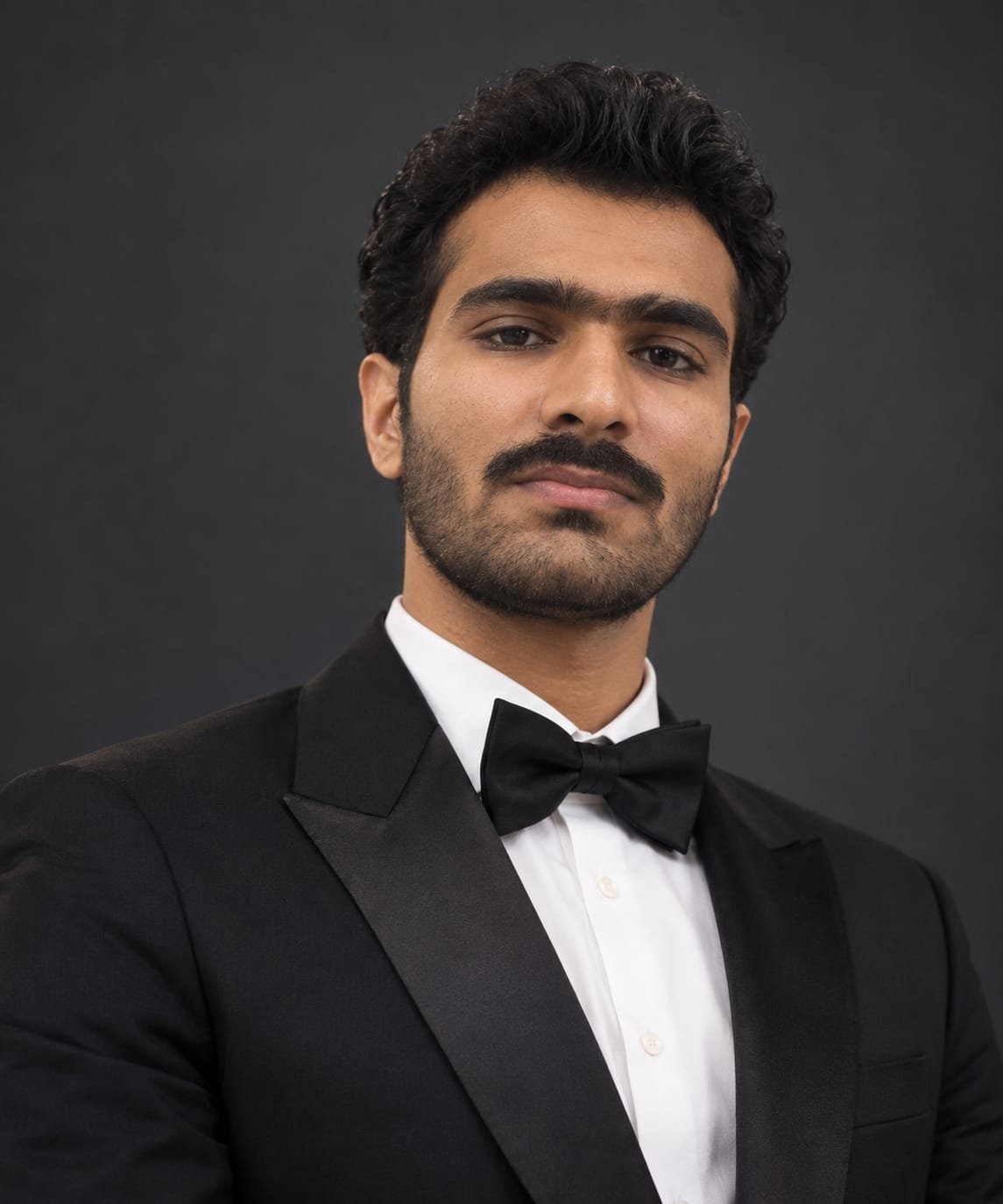 Portrait of Muhammad Zain in a black tuxedo and bow tie